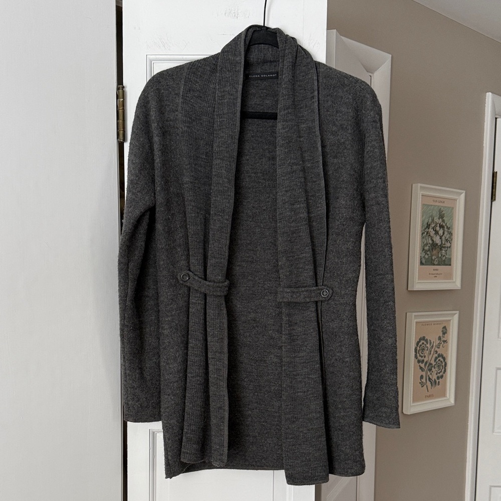 Elena Solano Gray 100% Wool Open Front Cardigan Small Shawl Collar